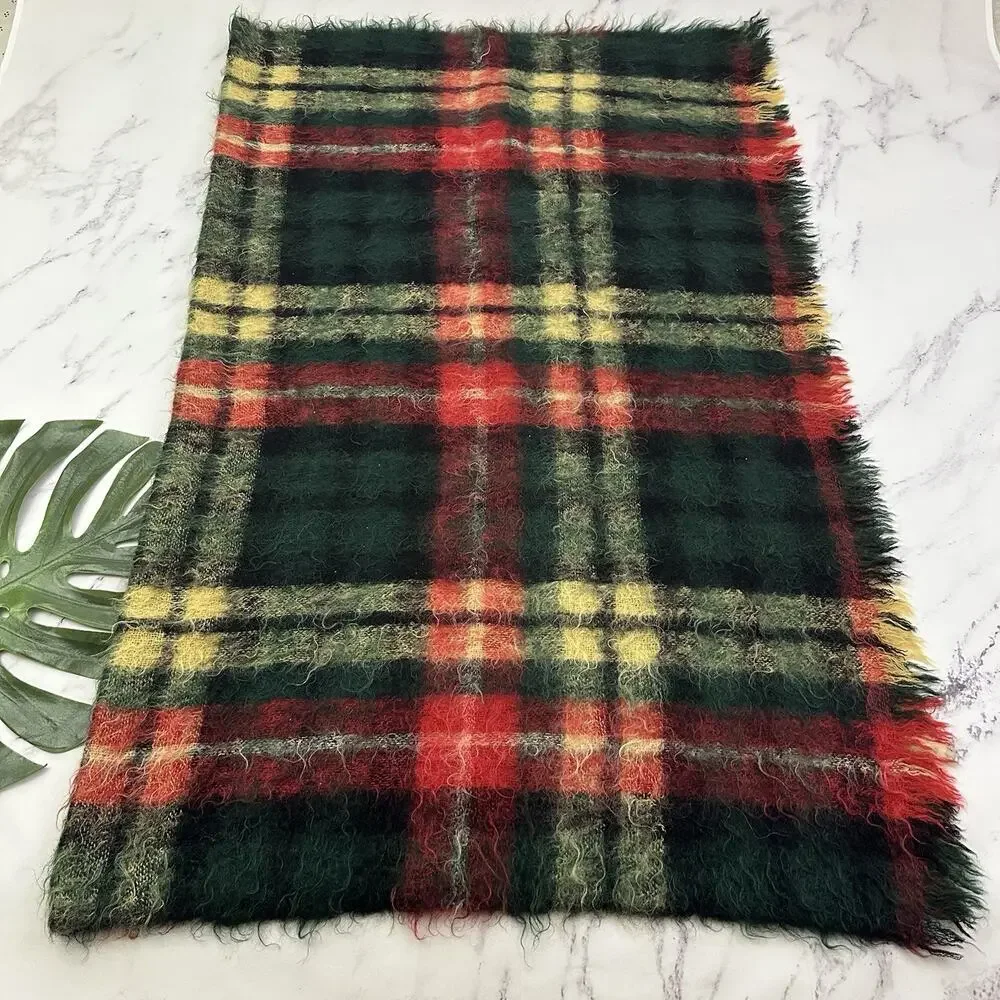 Holyrood Vintage 60s Mohair Throw Blanket Red Green Plaid Scotland 52x62 in